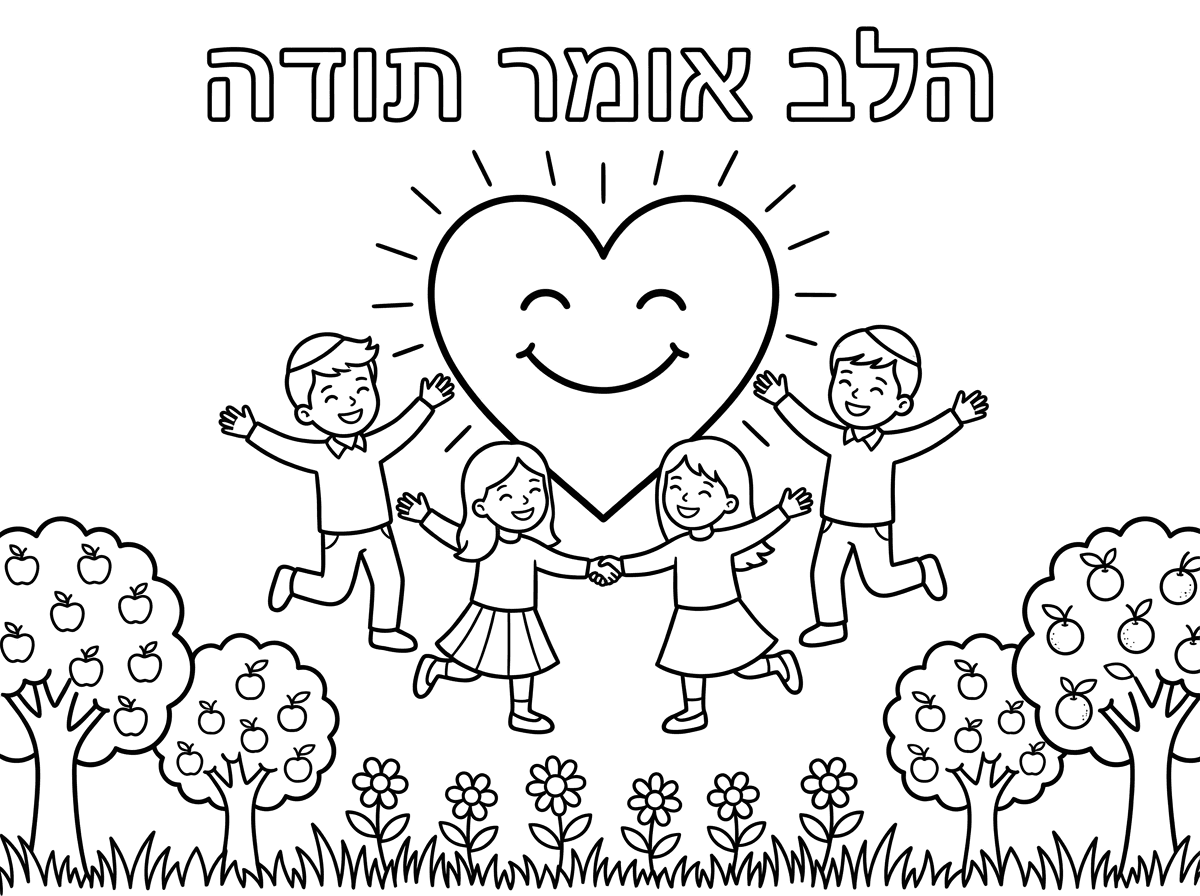 תעצב לי בבקשה דף צביעה למעלה כתוב הלב אומר תודה
למטה מצויירים דשא, פרחים, עצי פרי. ילדים עם כיפות מחייכים ושמחים. וילדות עם חצאיות מחייכות ושמחות.