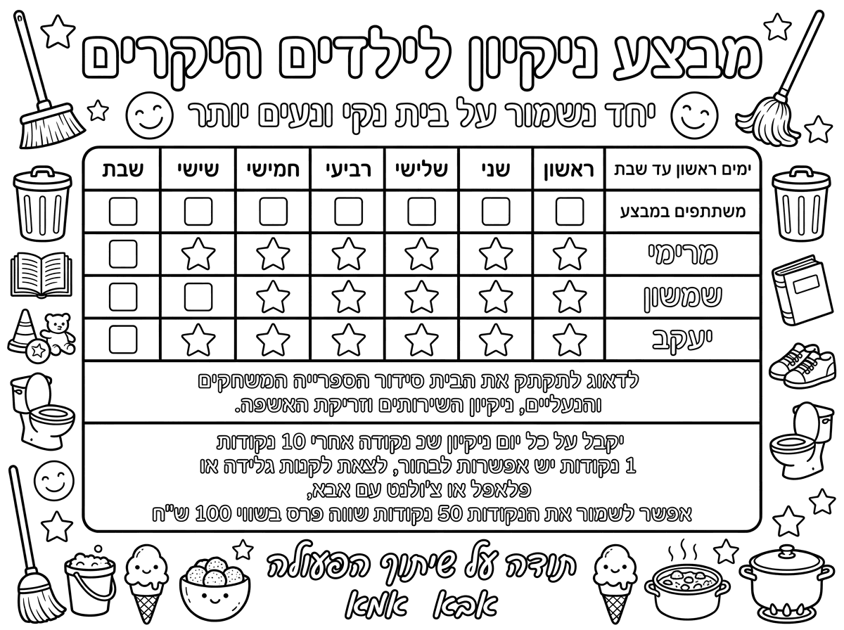 דף מבצע ילדים טבלה של 7 ימים בשבוע
שעליו כתוב

מבצע ניקיון לילדים היקרים
יחד נשמור על בית נקי ונעים יותר
ימים ראשון עד שבת
משתתפים במבצע

לערוך טבלה

מרימי, שמשון, יעקב
לדאוג לתקתק את הבית סידור הספרייה המשחקים והנעלים, ניקיון השרותים וזריקת האשפה.
יקבל על כל יום ניקיון שכזה נקודה אחרי 10 נקודות יש אפשרות לבחור, לצאת לקנות  גלידה או פלאפל או צ'ולנט עם אבא, אפשר לשמור את הנקודות 50 נקודות שווה פרס בשווי 100 ש"ח
תודה על שיתוף הפעולה
אבא אמא