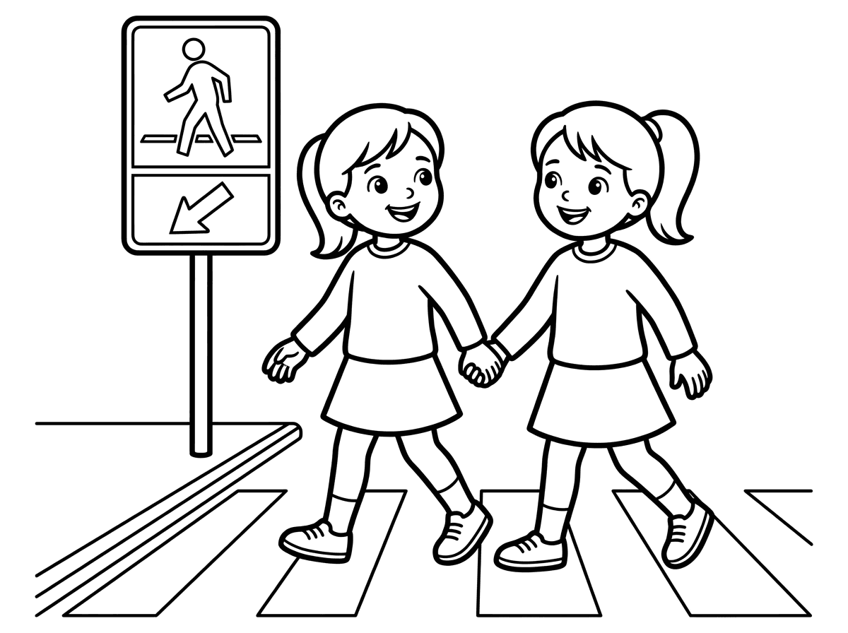 תכין לי דף צביעה שבו יש מעבר חצייה ,שתי ילדות לבושות בחצאית וחולצה ארוכה  שיער אסוף וגרביונים חוצות במעבר חצייה
עם תמרור של מעבר חצייה