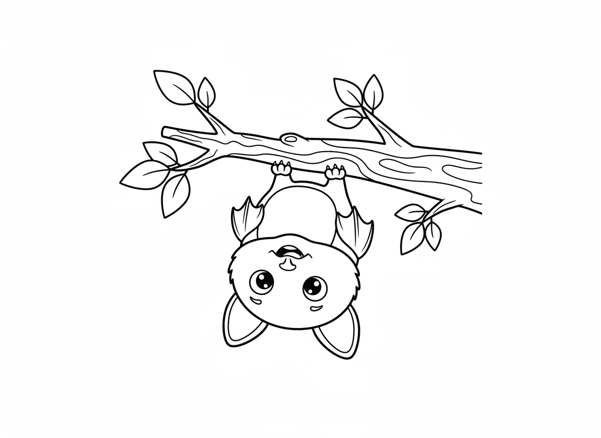 דף צביעה עטלף חמוד תלוי על ענף