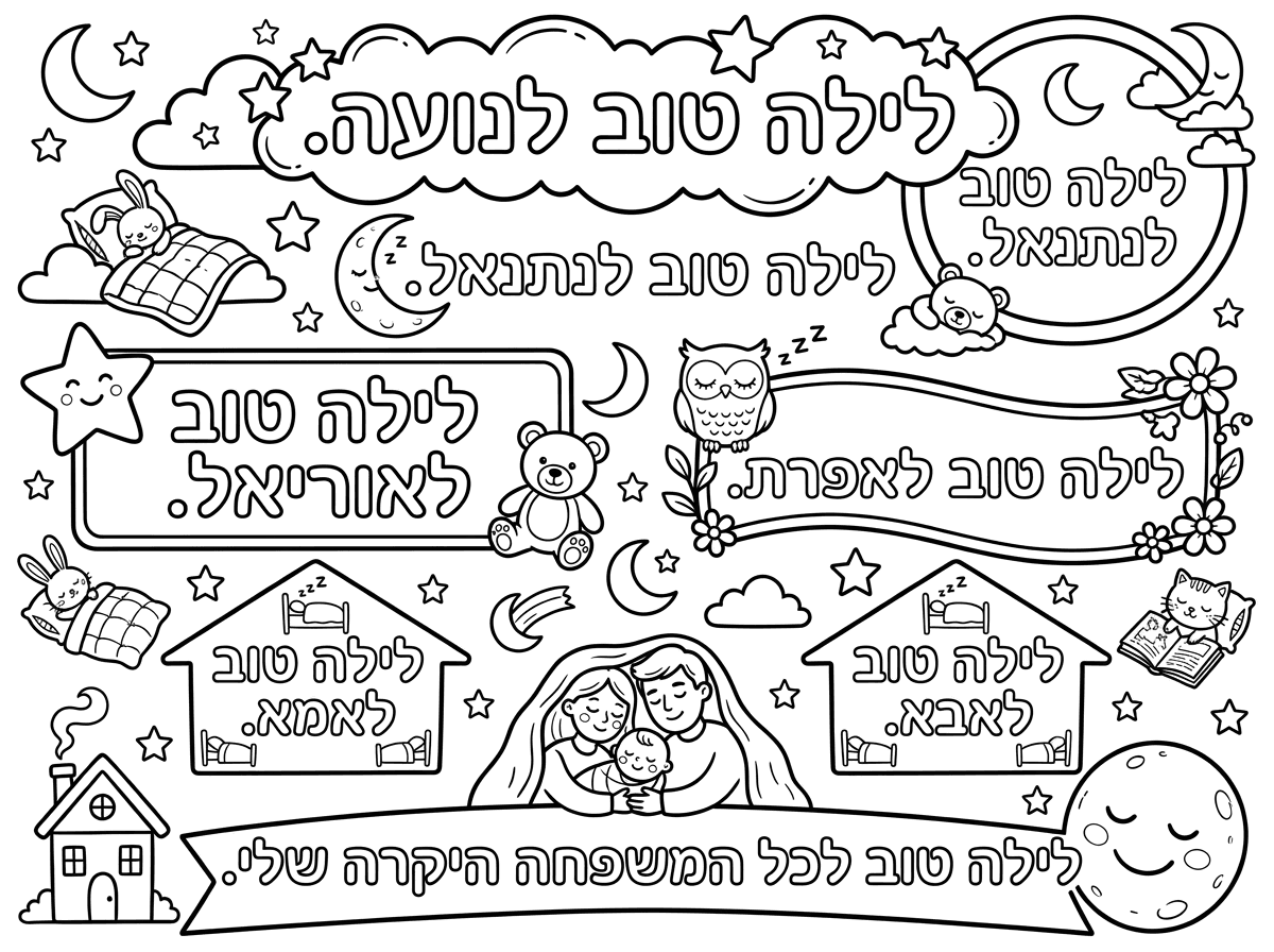 תכתוב לי לילה טוב לנועה, לילה טוב. לילה טוב לנתנאל, לילה טוב. לילה טוב לאוריאל, לילה טוב. לילה טוב לאפרת, לילה טוב. לילה טוב לאמא, לילה טוב. לילה טוב לאבא, לילה טוב. לילה טוב לכל המשפחה היקרה שלי.