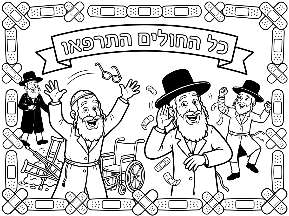 יש מפה כזאת שאנשים חולים או כל מיני אנשים עם פלסטרים שפתאום הם מבריאים, כאילו מתרגשים כי פתאום בריאים. ומעל כתוב כל החולים התרפאו בקטן בשורה כזה למעלה ושיהיה אנשים חרדים, שנגיד איש עיוור פתאום הוא מתחיל לראות, זורק את המשקפיים, ואיש חרש פתאום מתחיל לשמוע ואיש שהולך על קביים פתאום יכול ללכת, הוא על כיסא גלגלים פתאום יכול ללכת. אה, שיהיה כזה מנגרת כזאת של פלסטרים מסביב לכל הדף.