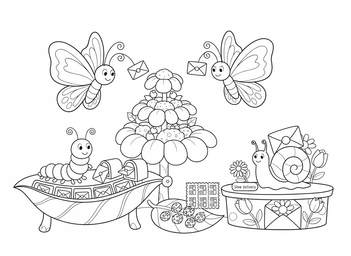 דואר של פרפרים - פרפרים מחלקים מכתבים זעירים במחושים שלהם, זחל ממיין דואר לתיבות עלים, בולים בצורת חיפושיות, חילזון ממתין למשלוח איטי, ומעטפות בצורת פרחים