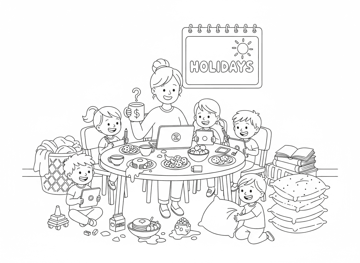 תכין ציור לצביעה שמתאר   אמא עם 5 ילדים בבית בזמן חופש, בלאגן, אוכל,ובעיקר  זום לימודים וקפה כבר קר