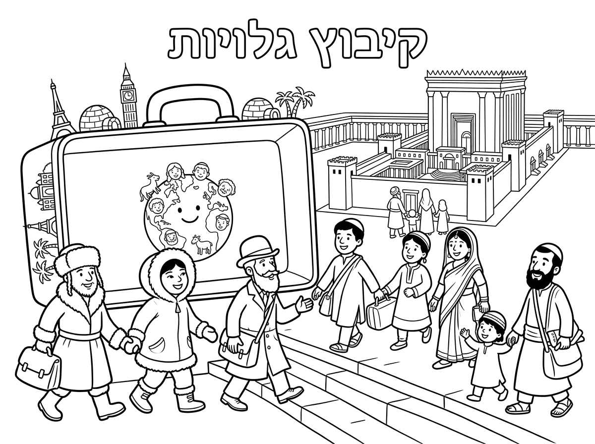 אני רוצה שתיצור לי דף צביעה שכתוב עליו קיבוץ גלויות וליד מצוייר גלובוס קטן בתוך מסגרת בצורת מזוודה גדולה ויש בפנים אנשים יהודים מכל העולם (עם מראה יהודי אבל לבוש של כל מיני ארצות אחרות כמו  אסקימוסי, רוסי, אנגלי וכו') שמגיעים לירושלים לבית המקדש