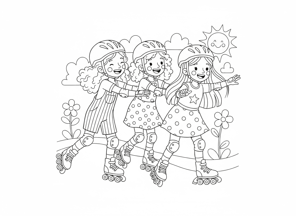 אני רוצה ציור של 3 בנות שובבות 2 עם שיער  תלתלים אחת עם שיער חלק על רולר בלייס