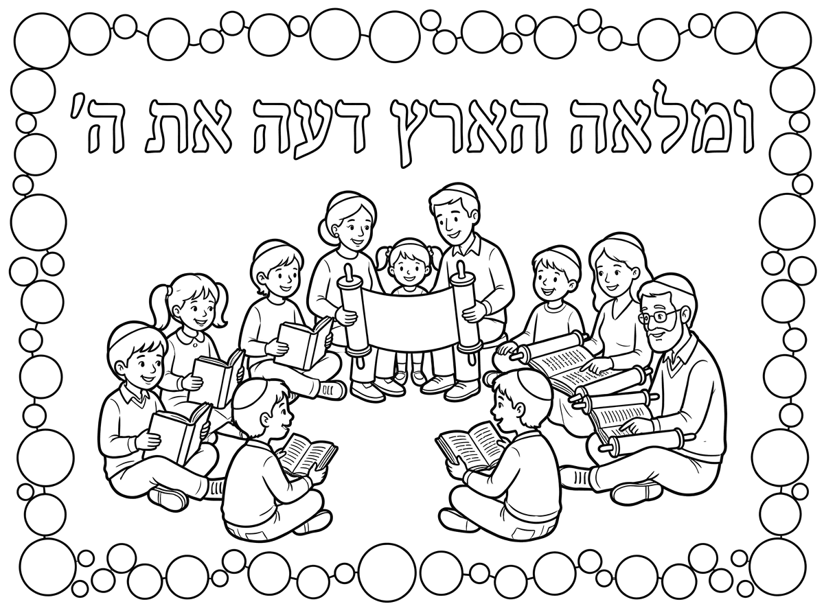 אשמח לדף שכתוב עליו ומלאה הארץ דעה את ה' ומתחת מצויירים ילדים ואנשים  לומדים תורה
מסביב לעשות מסגרת של עיגולים לדבקיות