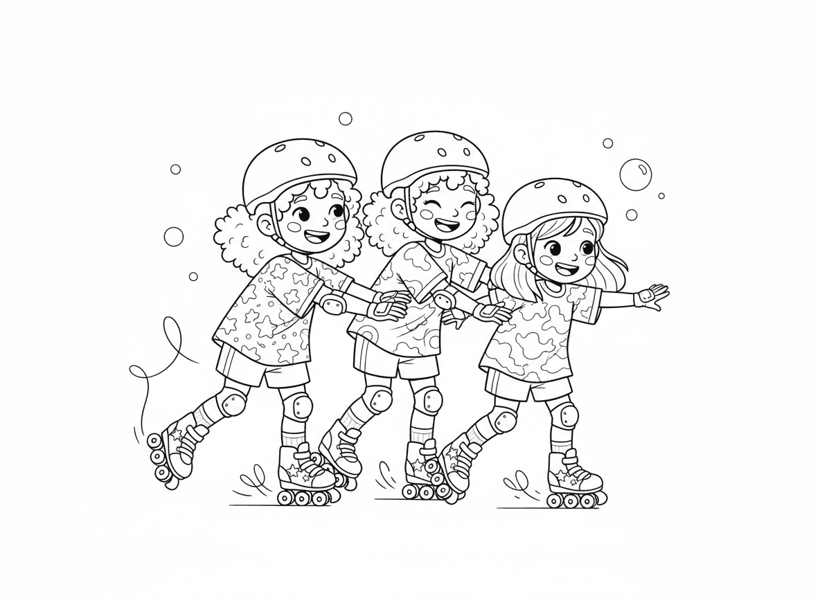 אני רוצה ציור של 3 בנות שובבות 2 עם שיער  תלתלים אחת עם שיער חלק על רולרבלייס