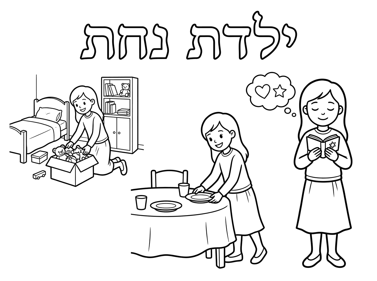 תכין לי דף
שכתוב עליו ילדת נחת בגדול 
וציורים של עזרה בבית תפילה בכוונה הילדה צריכה להיות עם חצאית וחולצה ארוכה