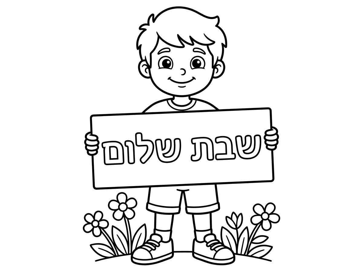 צור לי תמונה של ילד עם שלט עליו כתוב "שבת שלום" בעברית