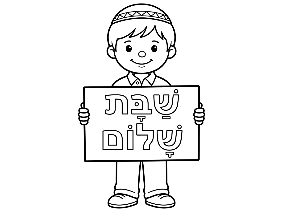 צור לי תמונה של ילד עם שלט עליו כתוב "שבת שלום" בעברית