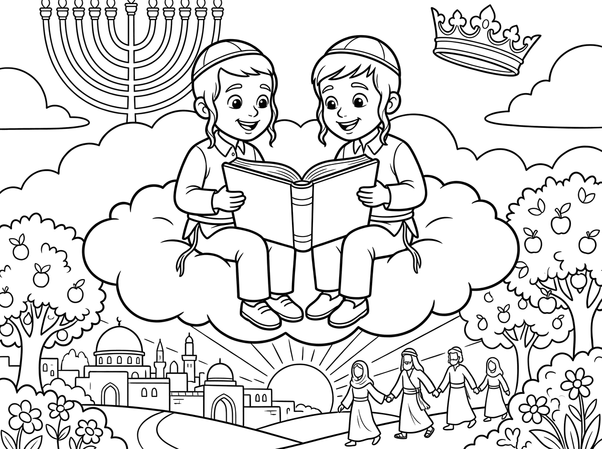 אשמח לתמונה של שתי ילדים חבדניקים עם פאות עד האוזניים יושבים על ענן לומדים משהו ביחד
רקע של גאולה מאחורה