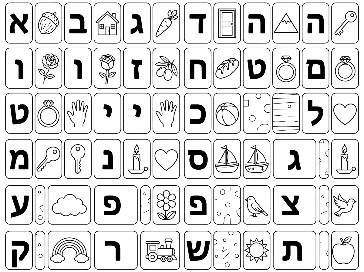 תיצור לי דף של משחק זיכרון של כל אותיות הא'-ב' כך שכרטיס אחד יהיה עם האות והזוג שלו יהעה תמונה שמתחילה עם האות הזו, שיהיה צבעוני ויפה, בלי חיות טמאות