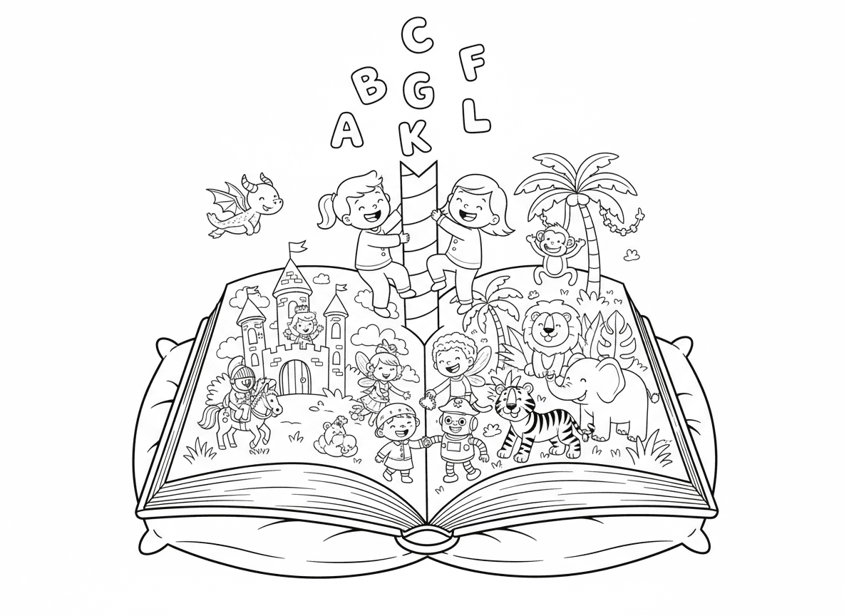 סיפור לילה בתוך ספר - ילדים מטפסים לתוך ספר פתוח ענק, אותיות מרחפות כמו פרפרים, דמויות מסיפורים שונים נפגשות, טירה בעמוד אחד וג׳ונגל בעמוד השני, וסולם מסימנייה