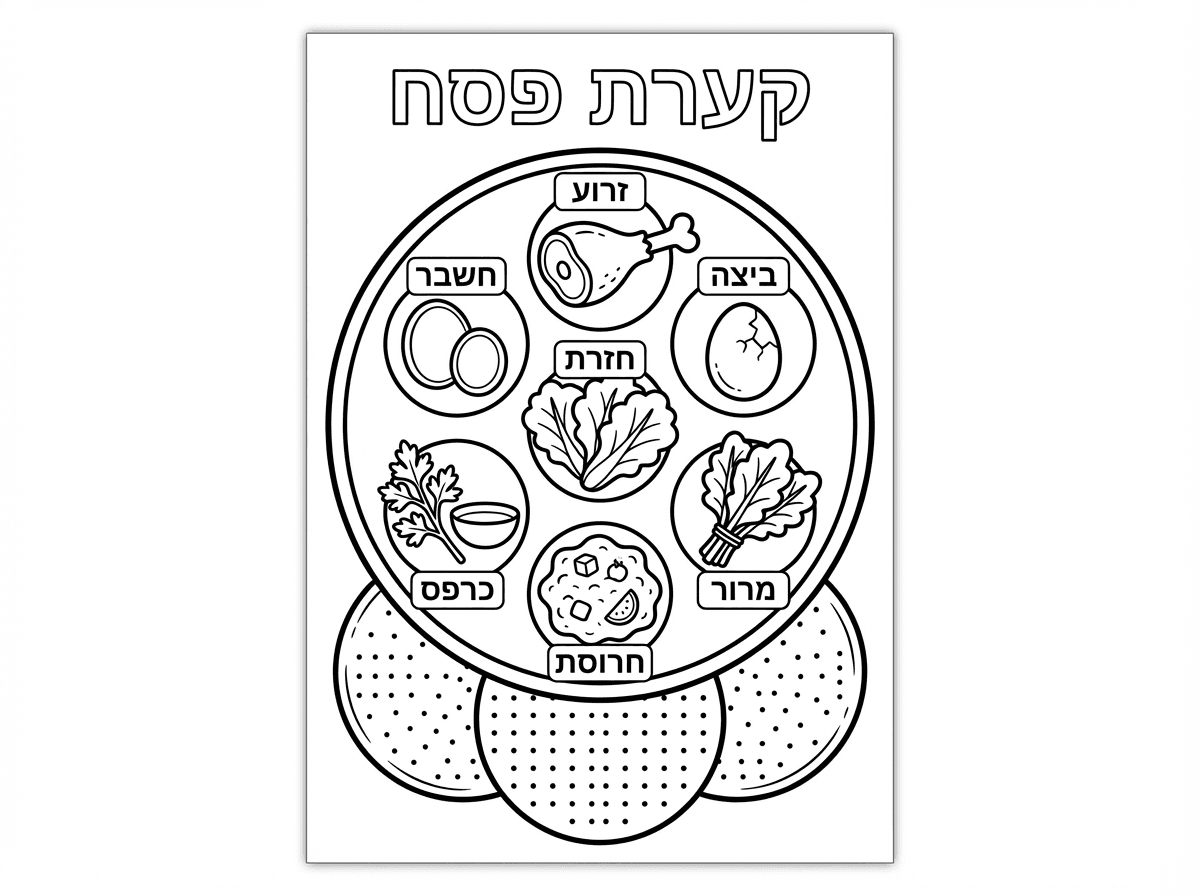 צור דף צביעה לילדים בשחור-לבן בלבד, בסגנון איור קווי נקי, ברור ופשוט להדפסה.

נושא התמונה:
קערת פסח מסורתית במבט על, ממורכזת באמצע הדף, מסודרת בצורה אסתטית וברורה. בתוך הקערה יש את כל המרכיבים המסורתיים, וכל אחד מהם מסומן עם כיתוב בעברית לידו או בתוך מסגרת קטנה וברורה.

האלמנטים שצריכים להופיע:
- זרוע
- ביצה
- מרור
- חרוסת
- כרפס
- חזרת
- 3 מצות ליד הקערה או מתחתיה

דרישות עיצוב:
- קווים שחורים נקיים בלבד
- ללא צבע, ללא הצללות, ללא טקסטורות מורכבות
- סגנון חמוד, ידידותי לילדים, אך מסודר ומדויק
- הרבה שטחים פתוחים ונוחים לצביעה
- הכיתוב בעברית ברור, גדול וקריא
- כל רכיב בקערה צריך להיות מובחן היטב מהאחרים
- קומפוזיציה מאוזנת ונקייה
- רקע לבן פשוט
- ללא עומס חזותי
- מתאים לדף A4 אנכי

כותרת בראש הדף:
"קערת פסח"

סגנון:
דף צביעה חינוכי לילדים, איור קווי נקי, מראה מודפס, פשוט וברור, מתאים לגילאי גן ובית ספר יסודי.

הנחיות חשובות:
- לא להוסיף צבע
- לא להוסיף אלמנטים מיותרים
- לא ליצור מראה ריאליסטי מדי
- לא לעוות את הצורה המסורתית של קערת הפסח
- כל הכיתובים חייבים להיות בעברית תקינה וברורה