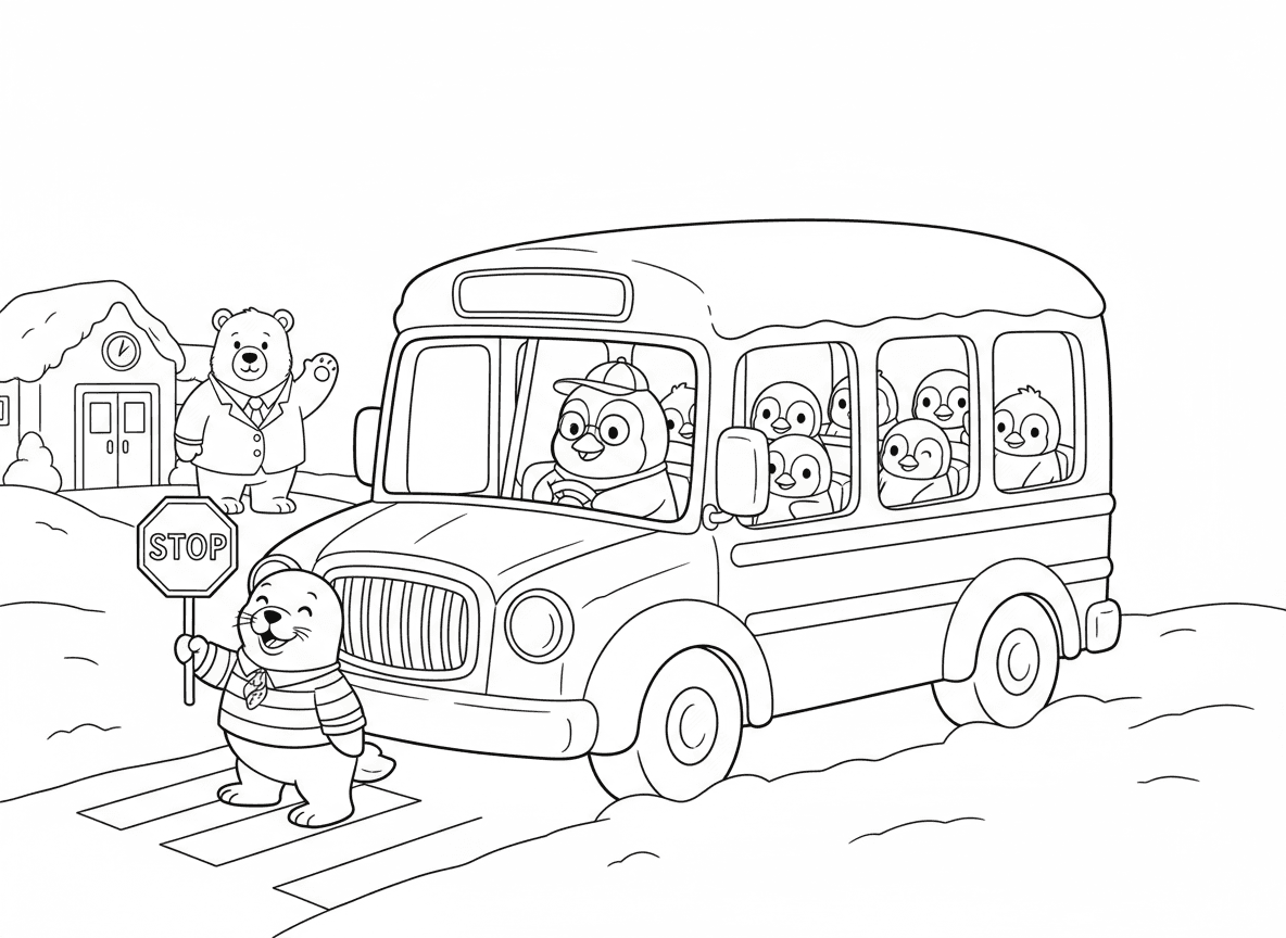 אוטובוס בית ספר של פינגווינים - קרחון בצורת אוטובוס, פינגווין נהג עם משקפיים זעירות, פינגווינים תינוקות יושבים על מושבי קרח, כלב ים כשוטר תנועה, ודוב קוטב מנהל מנופף לשלום