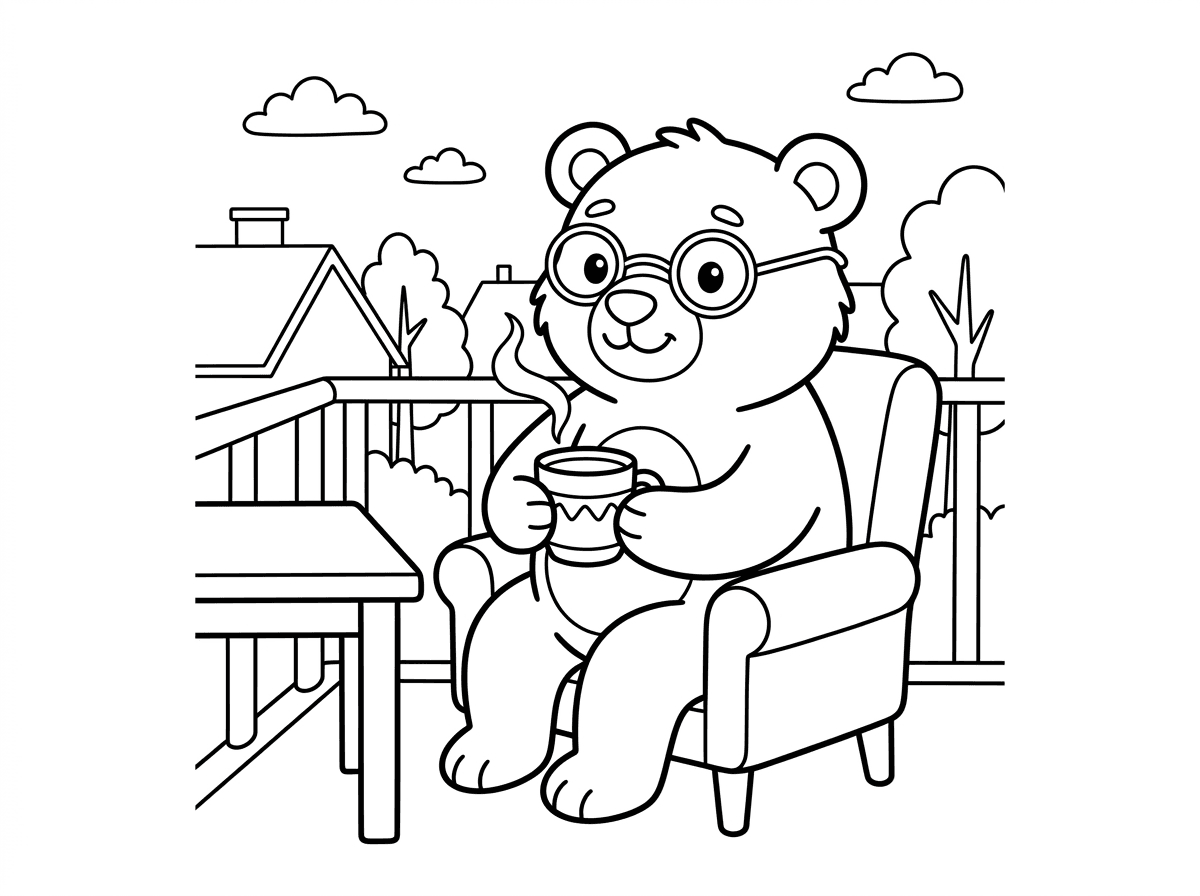 דובי עם משקפיים יושב במרפסת ושותה קפה