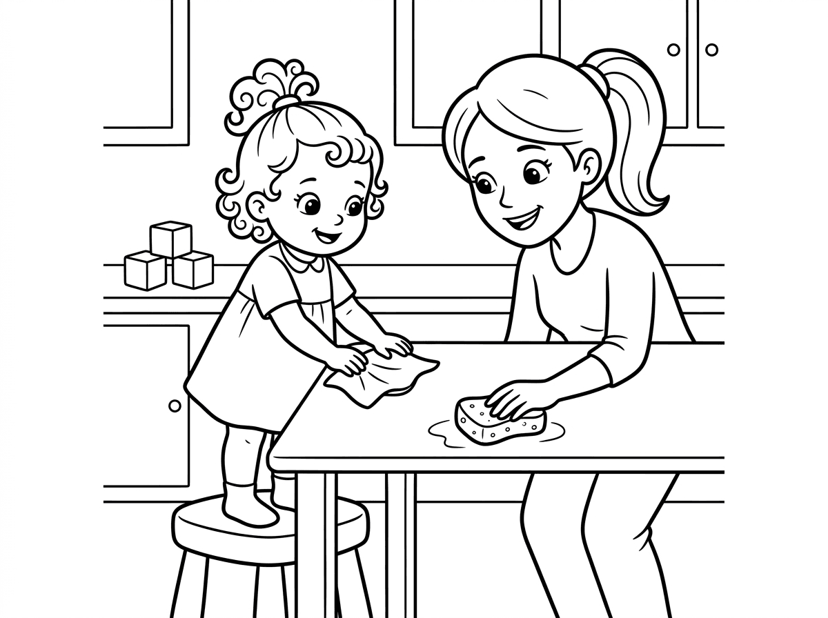 ילד בן שנתיים עם חצי קוקו ותלתלים עוזר לאמא