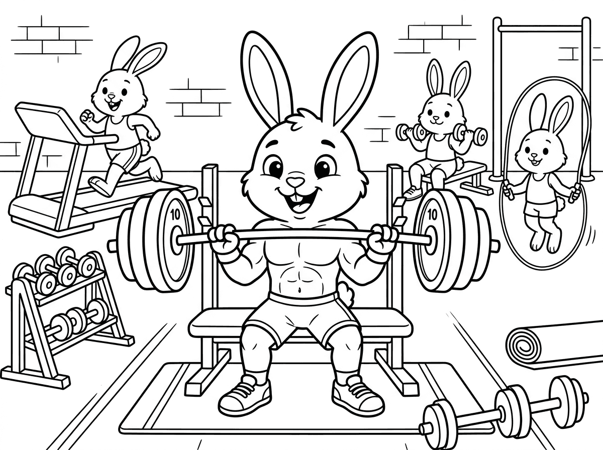 ארנב מרים משקולות בחדר כושר מאובזר עם עוד ארנבים שעושים כושר