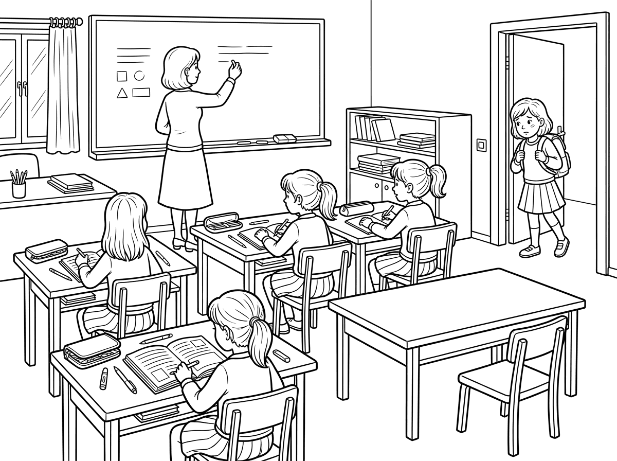 יפה מאד אבל ביקשתי רק כיסא אחד ריק, תוסיף בבקשה ילדה על אחד הכסאות, ושיהיה רק כיסא אחד פנוי

השולחן שמול הכיסא הפנוי צריך להיות ריק ללא כלי כתיבה ומחברות