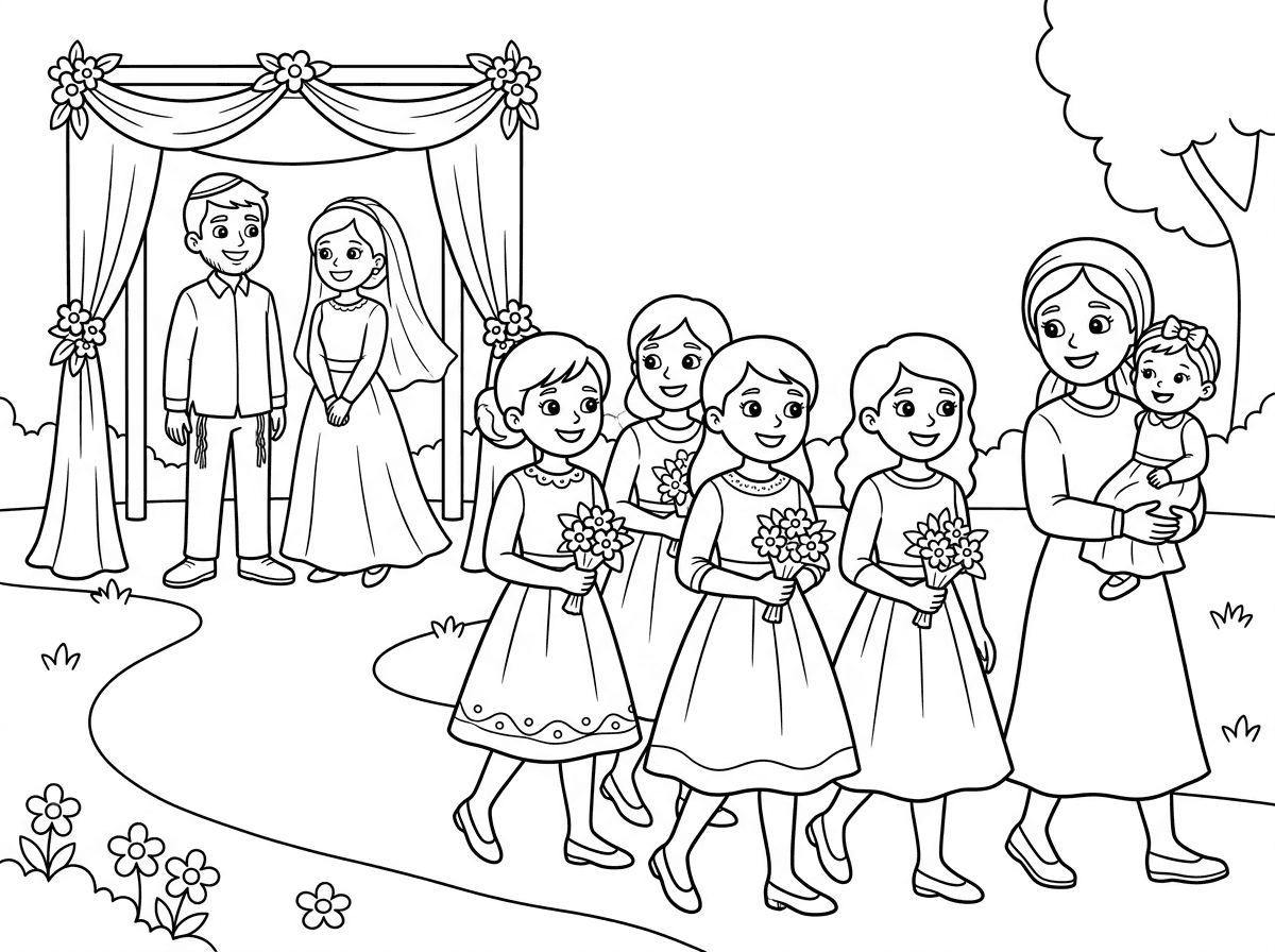 נשמח לדף צביעה של 4 שושבינות מחזיקות זר פרחים צועדות לכיוון החופה בחתונה. השושבינות לבושות בשמלות מפוארות וצנועות ויש מתחת לחופה חתן עם כיפה וציצית וכלה בשמלה מפוארת וצנועה. וגם אמא עם מטפחת ושמלה מחזיקה תינוקת עם סרט על הראש עומדת ליד השושבינות.
