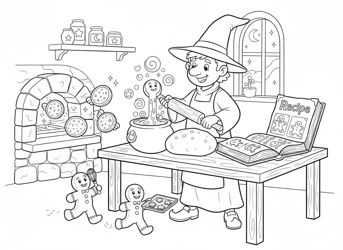 מאפייה של קוסמים - קוסם אופה עוגיות שעפות מהתנור, ציפוי קסום שמחליף צבעים, מטאטא כמערוך, דוד קסמים כקערת ערבוב, ספר כישופים כספר מתכונים, ואנשי ג׳ינג׳ר רצים מסביב
