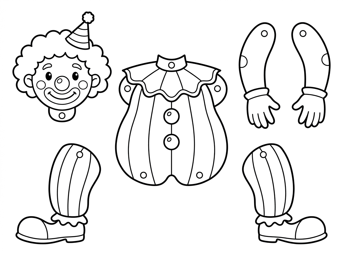 תייצר לי לייצן שמותאם לגזירה והדבקה עם חיבור של סיכות מתפצלות באופן כזה שייראה כאילו הליצן זז. שזה יהיה דף צביעה שמותאם ליצירה וגזירה