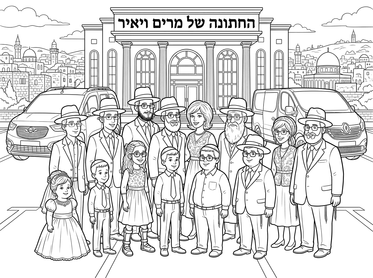 תיצור לי דף צביעה של משפחת כהן מצתלמים לצד שני הרכבים בחנייה רכב אחד אופל קומבו ורכב אחד רנו טראפיק.
מאחור ברקע אולם יפה וגדול עליו למעלה כתוב החתונה של מרים ויאיר ונוף ירושלמי טיפוסי
בני המשפחה עם התיאור הבא
ילדה בגיל 4 שמנמנה עם שמלת כלה היא שושובנים היום ועם תסרוקת יפה מאוד
ילד בגיל 7 זרה מאוד לבוש יפה עם עניבה תספורת יפה וכיפה לראשו
ילדה בגיל 12 עם משפקים ותסרוקת יפה עם שמלה חגגי ושני סדים עד לברכיים הקפופות שלה
ילד בגיל 9 עם   חולצה לבנה ועניבה וכיפה לראשו
ילד בגיל 11 שמנמן עם משקפים עם חולצה לבנה וכיפה לראשו
ילד בגיל בגיל 13 שמנמן עם משקפים חליפה וכובע
בחור בגיל 15 עם משקיפים ללא מסגרת, וחליפה וכובע מגולח יפה
בחורה בגיל 17 עם שמלה חגגית ותסרוקת יפה, ומשקפים
אבא צעיר שמנמן עם משקפים עם כובע וחלליפה וזקן בינוני
אמא צעירה עם שמלה חגגית ופאה עד לכתפיים עם פוני לצד
סבא עם זקן לבן ארוך כובע חליפה ומשקפים
סבתא עם בגד חגיגי עם כיסוי ראש
זוג צעיר האשה רזה עם בגד חגיגי משקפים ופאה
הבעל עם כובע וחליפה שמנמן עם משקפים