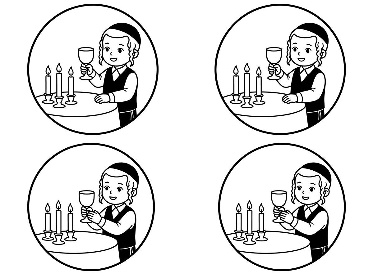 תיצור לי סמל עגול שבו יהיה ילד שנראה אבא של שבת שעושה קידוש עם גביע ללא רגלית והילד החסידי בלי זקן יושב בשולחן שבת ועל השולחן 3נרות 
את כל זה 4 העתקים בדף