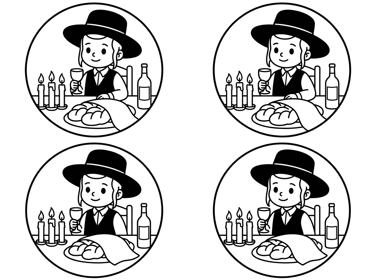 תיצור לי סמל עגול שבו יהיה ילד שנראה אבא של שבת עם כובע  שעושה קידוש עם גביע ללא רגל והילד החסידי בלי זקן יושב בשולחן שבת ועל השולחן 3נרות חלות ויין
את כל זה 4 העתקים בדף
