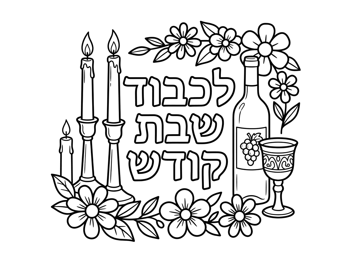 הי תוכל ליצור לי דף צביעה לרוחב שמרכזו כתוב לכבוד שבת קודש ומצויר ליד 2 נרות ועוד נר קטן, יין וגביע לקידוש ואולי כמב פרחים מסביב לקישוט. 
שזה לא ימלא את כל הדף אלא ישארו קצוות בצדדים שיוכלו לגזור אותם פסים דקים.
