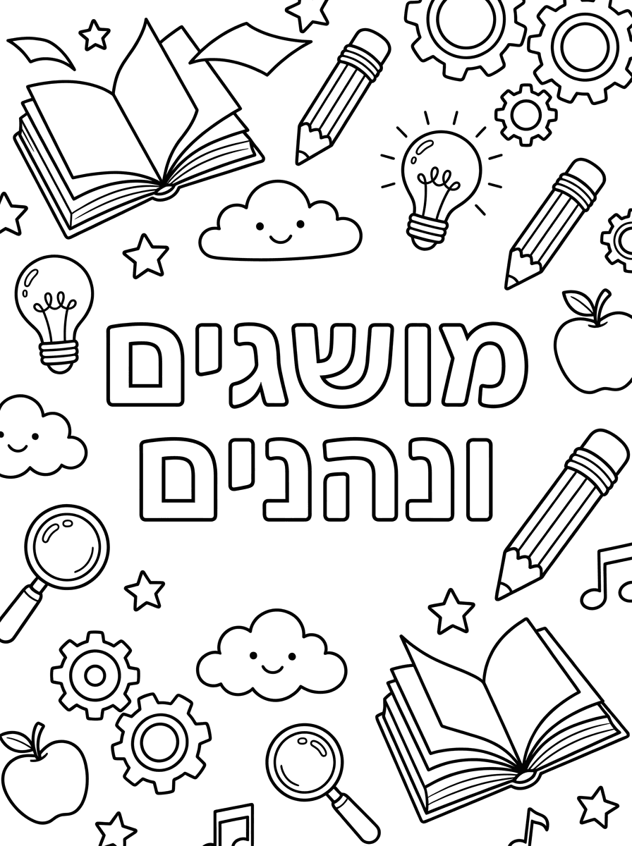 אפשר בבקשה דף כריכה לאורך שברכז כתוב באותיות חלולות מושגים ונהנים ואיורים מתאימים