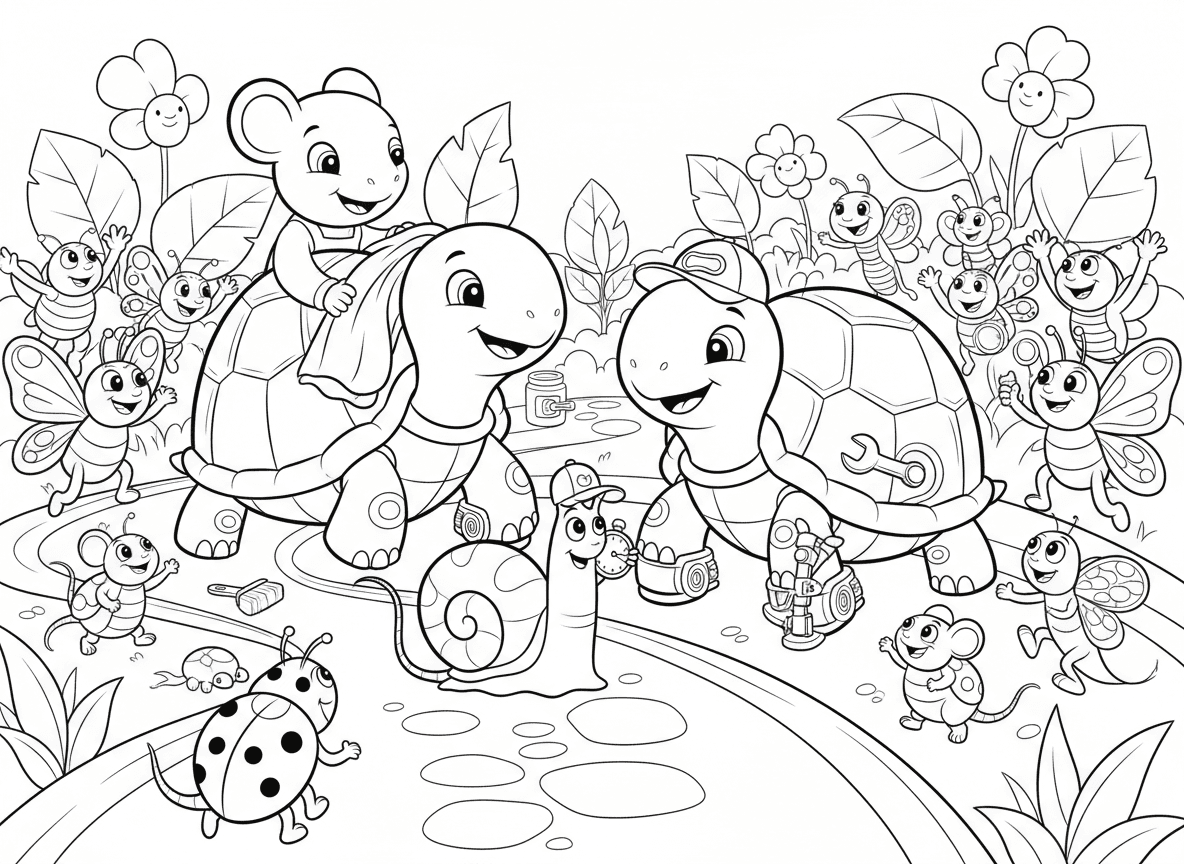 פיט סטופ של מירוץ צבים - צבים מקבלים פוליש ווקס לשריון, עכברי מכונאים זעירים מחליפים נעלי צב, חילזון ראש צוות עם שעון עצר, קהל חרקים מעודד, ומסלול מירוצים ממשעול גינה