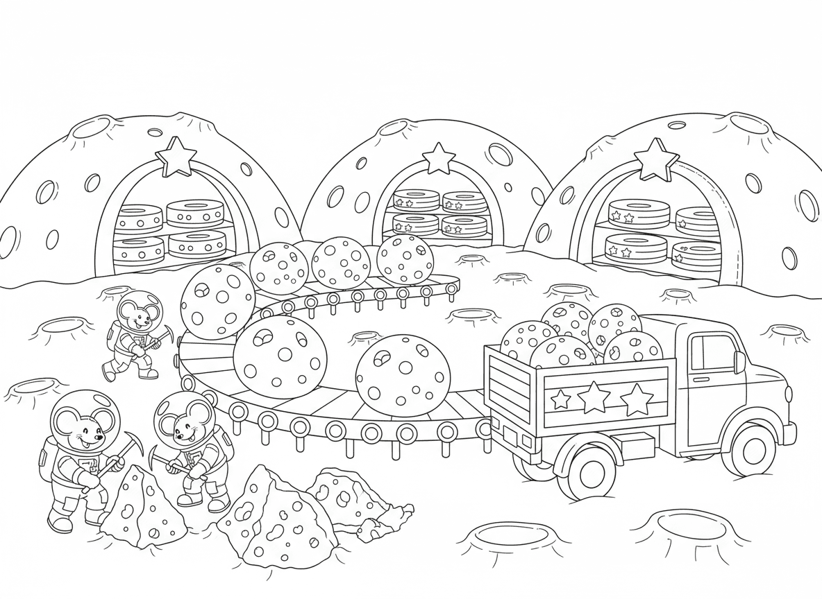 מפעל גבינה על הירח - עכברים אסטרונאוטים כורים גבינה מפני הירח, מסוע של גלגלי גבינה, משאית חלל למשלוחים, מכתשי ירח כמערות הבשלת גבינה, וכוכבים כתוויות אריזה