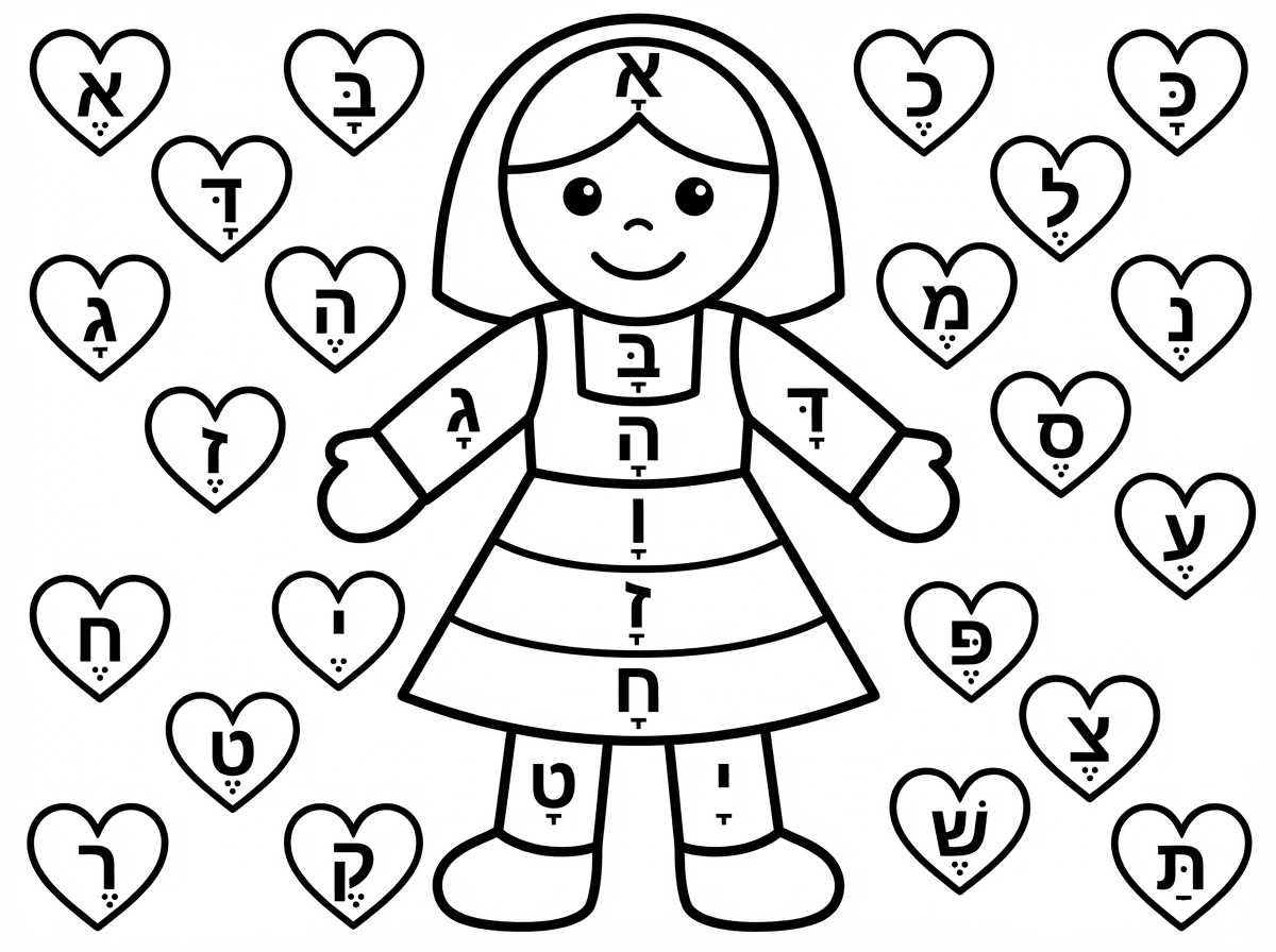 תכין לי דף צביעה 
של ציור של בובה שמחולקים עם קוים או חלקים לצביעה 
בכל חלק שיהיה אות אחרת עם קמץ
 ומחוץ לבובה שיהיו לבבות ובכל לב אות אחרת עם סגול