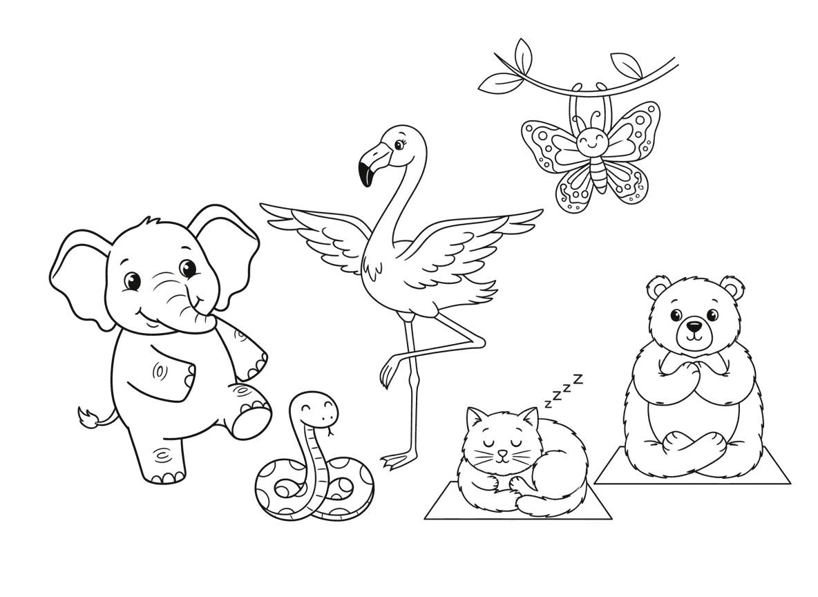 שיעור יוגה של חיות - פיל מנסה לעמוד על רגל אחת, נחש כבר בתנוחת בייגלה מושלמת, פלמינגו כמדריכה, חתול ישן במקום למדיטציה, דוב תקוע בתנוחת לוטוס, ופרפר עושה יוגה מעופפת