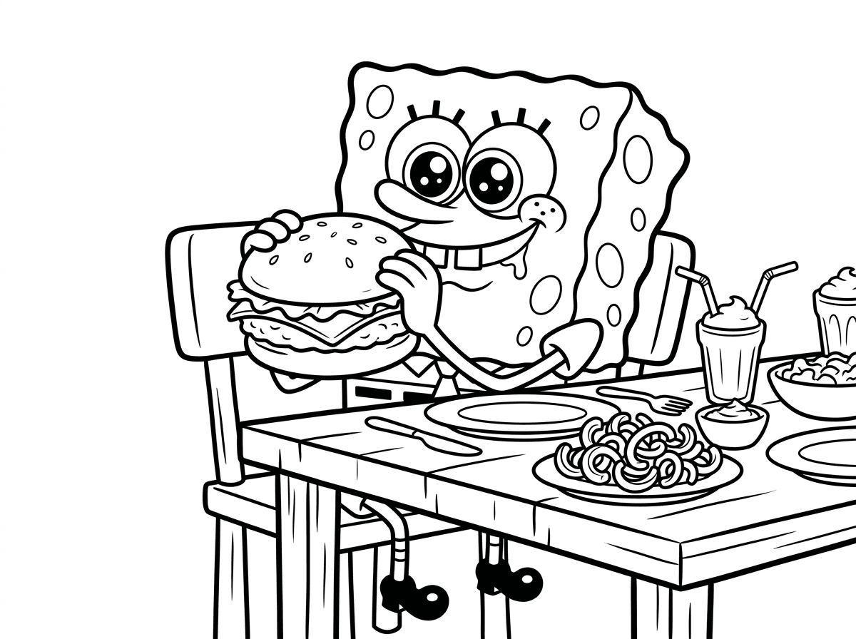 בוב ספוג יושב ליד שולחן אוכל עמוס במנות תת-ימיות טעימות, מחזיק קרשיט קראבי ענק בשתי ידיו ומוכן לנגוס. סביבו צלחות עם צ׳יפס אצות ושייק ים, עיניו זורחות מתאווה ורוק זולג מזווית פיו.