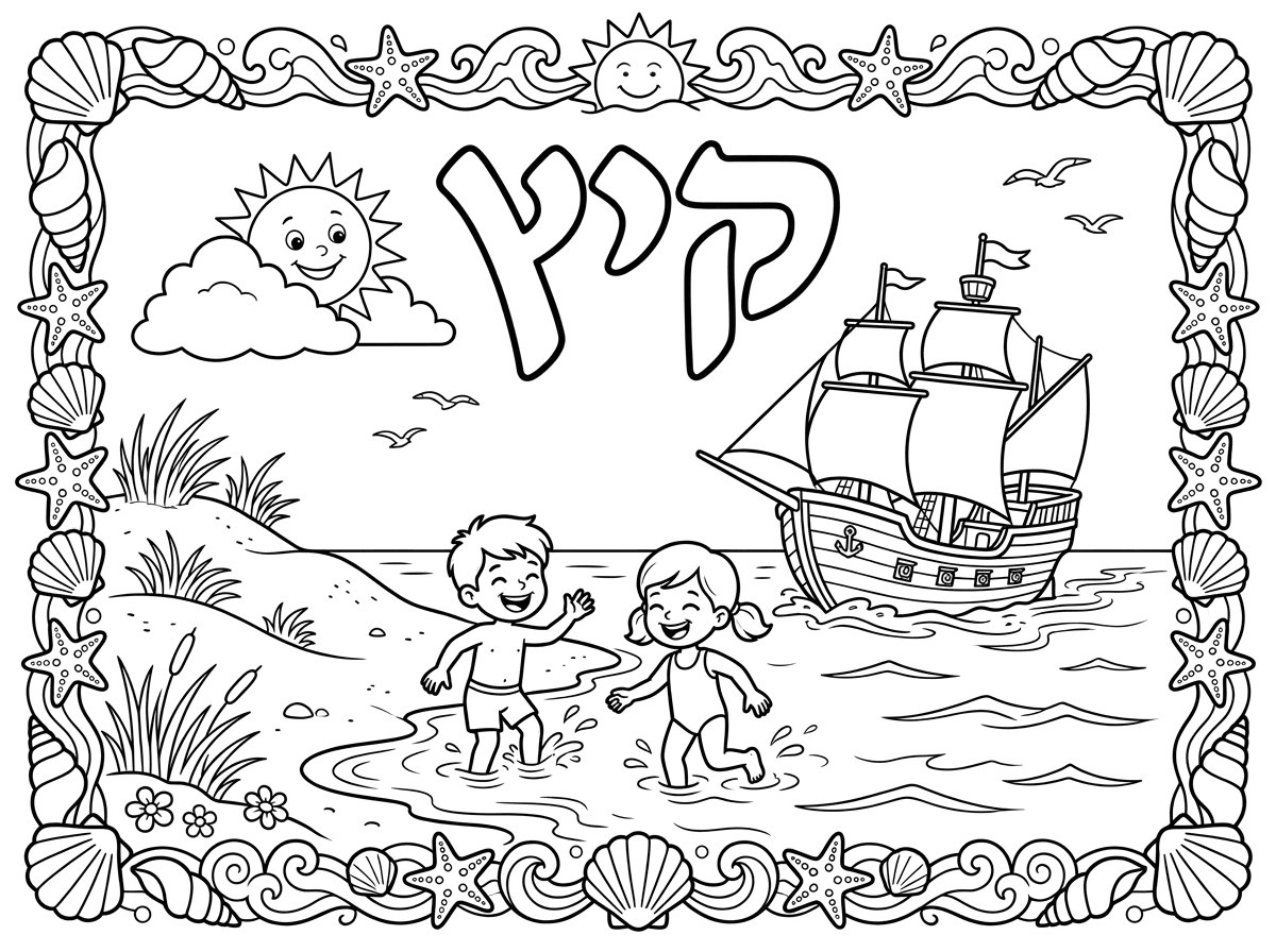 היי, שלום. אני רוצה בבקשה שתצור לי תמונה של של קיץ, של ים ואונייה וחול ודשא וילדים משתכשכים במים, עם מסגרת מאוד מאוד יפה ושיהיה כתוב קיץ.