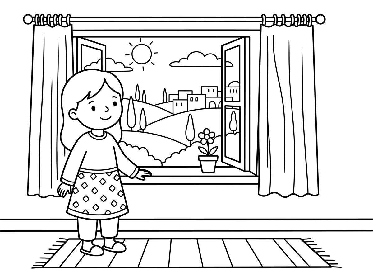 שרוול ארוך לילה וגם חצאית. והיא נמצאת בבית ויש נוף לש הרי ירושלים בחלון