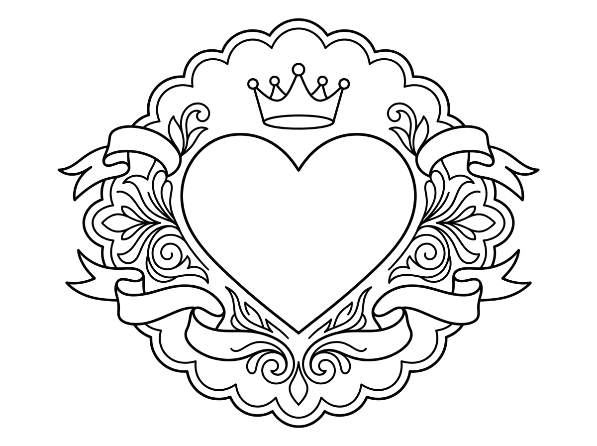 סמל לב קלאסי ומעוצב בסגנון הרלדי עם מסגרת מפוארת סביבו, סרטים מתנופפים ועיטורים סימטריים. הלב ממוקם במרכז כמו סמל מלכותי עם כתר קטן מעליו. הסגנון רשמי ואלגנטי עם קווים מדויקים.