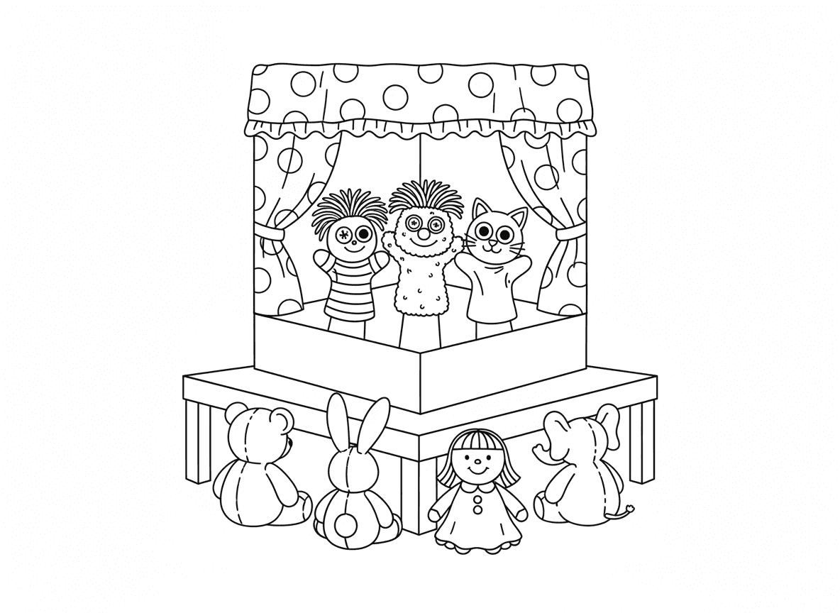 תיאטרון בובות גרב - בובות גרב צבעוניות מופיעות על במת קרטון, עיני כפתורים ושיער חוטים, ידי ילדים נראות מלמטה, קהל של בובות ודובונים, ווילון מסמיכה