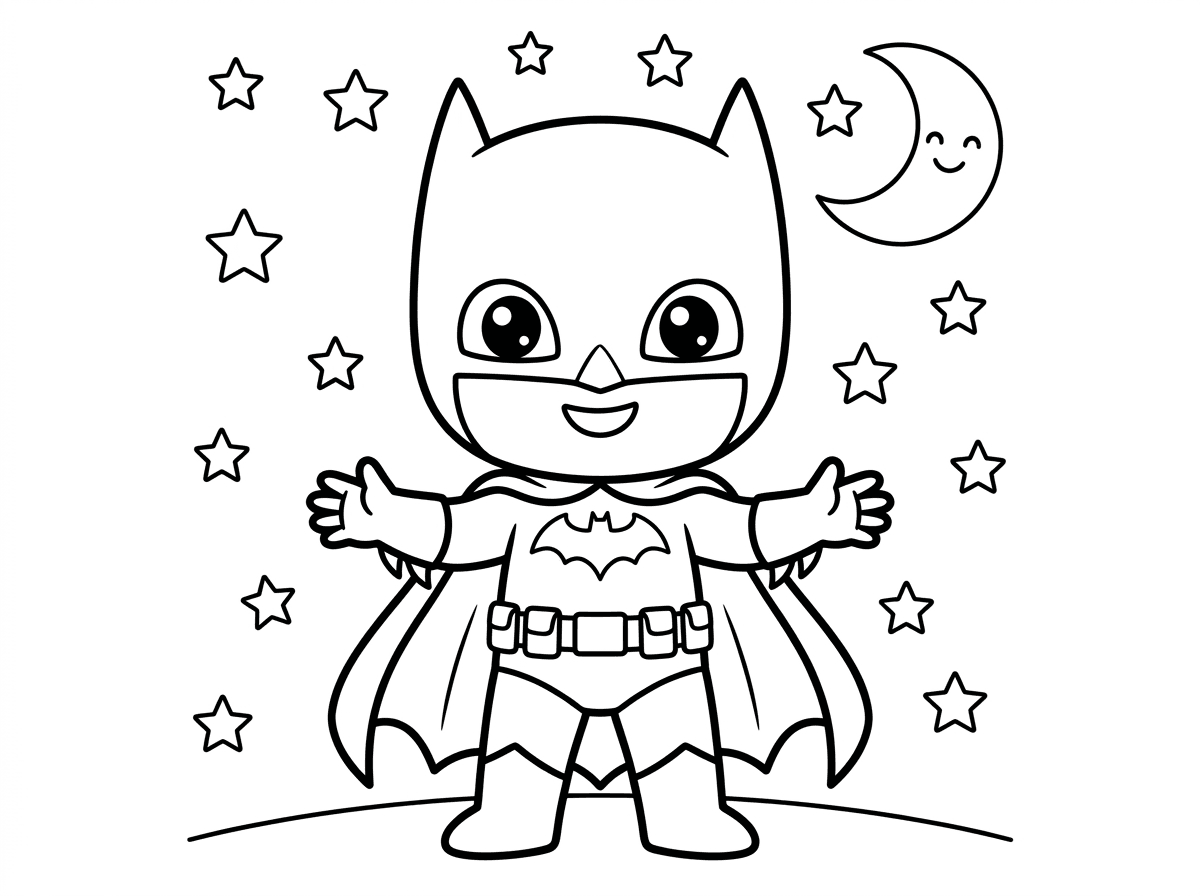 באטמן בגרסה ילדותית ונגישה, עם פרופורציות מוגזמות של ראש גדול וגוף קטנטן. הוא עומד בתנוחה ידידותית עם ידיים פתוחות ומחייך מאחורי המסיכה, על רקע כוכבים וירח חייכן בסגנון ציור ילדים.