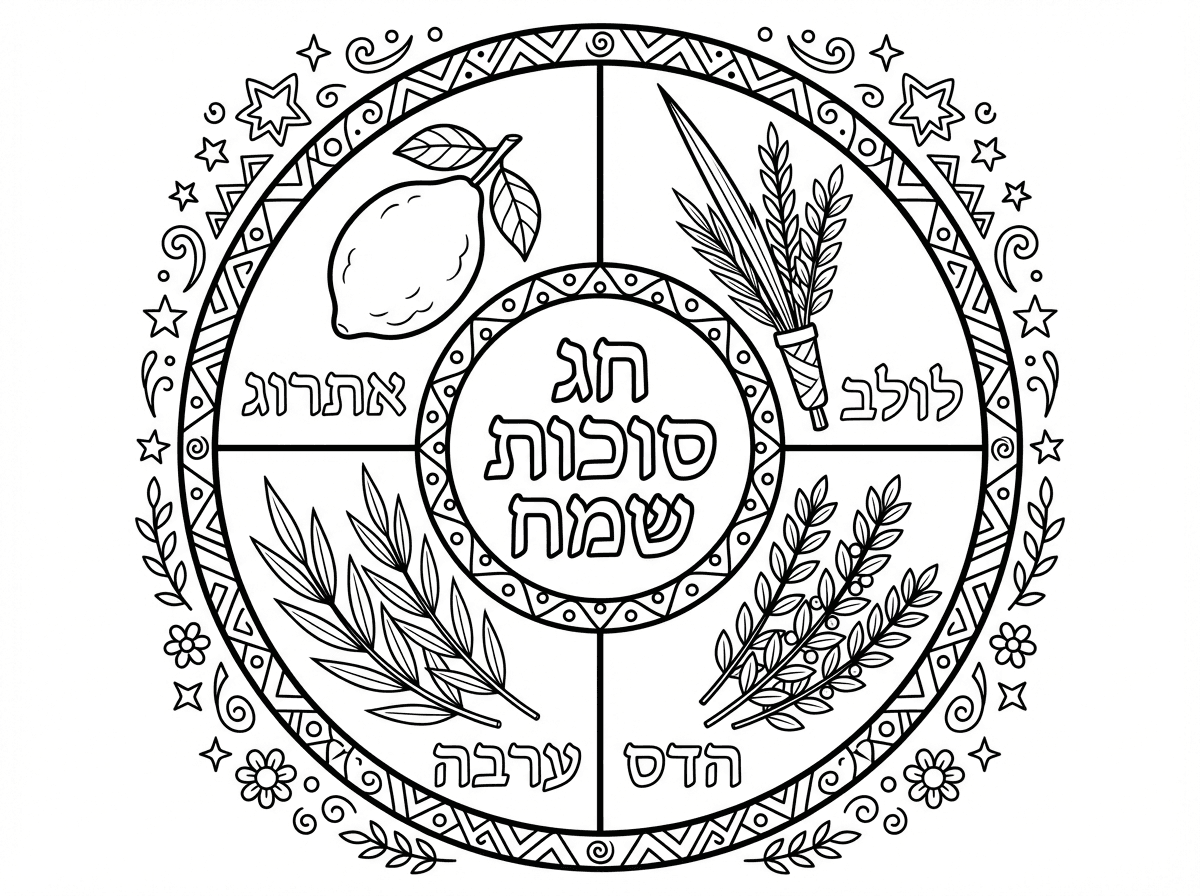 ציור חגיגי של ארבעת המינים מסודרים בזר עגול מעוצב, כל מין תופס רבע מהמעגל עם שמו כתוב בעברית מתחתיו. במרכז הזר כתוב ""חג סוכות שמח"" בכתב מעוצב, ומסביב כוכבים וקישוטים. סגנון פוסטר חגיגי עם אלמנטים דקורטיביים רבים.