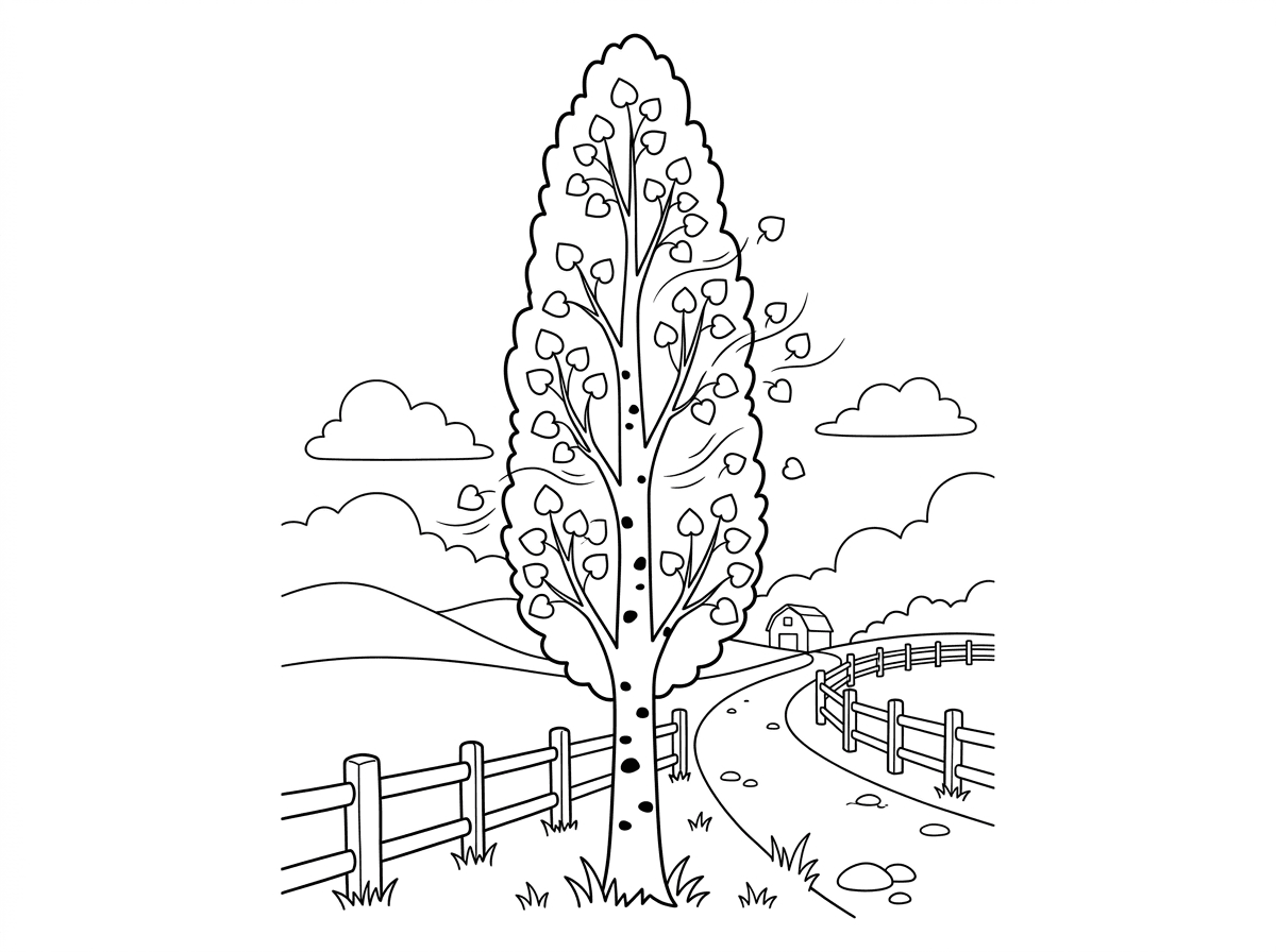 עץ צפצפה גבוה ואלגנטי עם גזע לבן מנוקד בכתמים כהים אופייניים וצמרת צרה ומאורכת. העלים קטנים ורועדים ברוח קלה, וענפים דקיקים מתפצלים כלפי מעלה. ברקע שביל כפרי שקט עם גדר עץ ישנה.