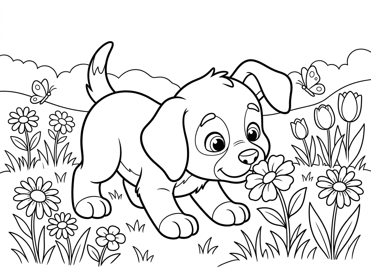 גור כלבים צעיר וסקרן עם כפות גדולות מידי לגופו הקטן, מרחרח פרח בשדה פורח. העיניים שלו גדולות ותמימות, והאוזניים מתנופפות ברוח. סגנון ציור רך וילדותי עם קווים עגולים ונעימים, רקע של דשא ירוק ופרחים צבעוניים.