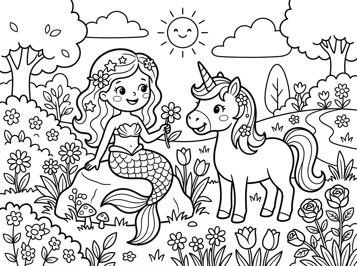 אפשר דף צביעה של בת ים וחד קרן בייחד בגינה