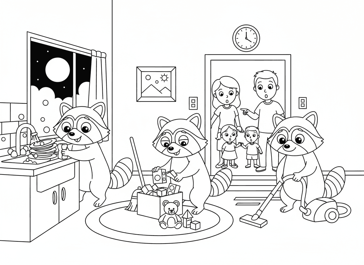 דביבונים פורצים שנתפסים עושים טוב - דביבונים מתגנבים לבית אבל במקום לגנוב הם מנקים, אחד שוטף כלים, אחד מסדר צעצועים, אחד שואב אבק, משפחה מופתעת צופה מהדלת, ופרצופים ממוסכים נראים אשמים