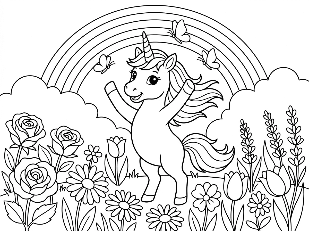 חדת קרן צעירה ומקסימה רוקדת בשמחה בשדה פרחים צבעוני, רגליה הקדמיות מורמות באוויר ורעמתה מתנופפת ברוח. פרחים מכל הסוגים סובבים אותה – ורדים, חינניות, צבעוניים ולוונדר, ופרפרים מעופפים סביב קרנה. ברקע קשת בענן וענני סוכר, בסגנון חלומי ורומנטי.