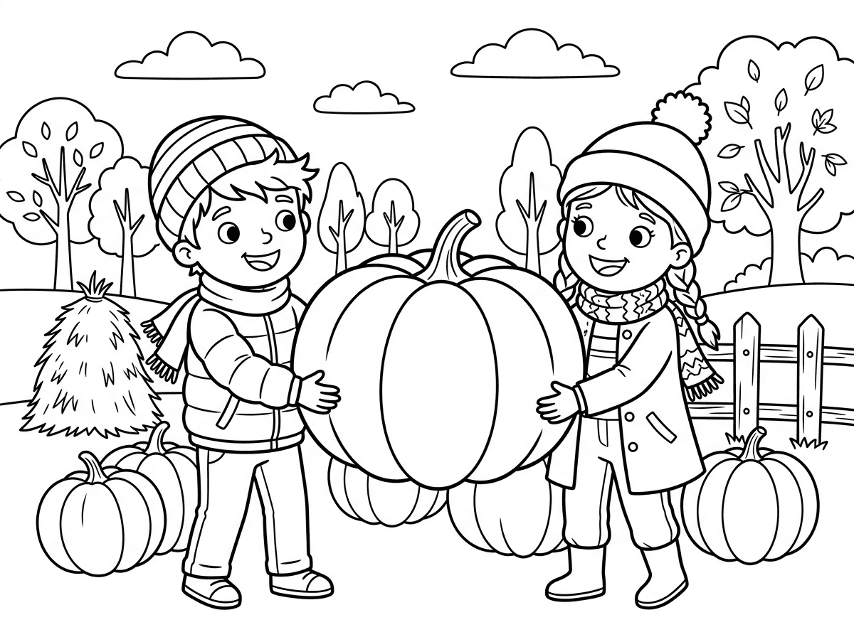 שני ילדים שמחים, ילד וילדה, מחזיקים יחד דלעת כתומה ענקית שכמעט בגודלם, כל אחד תופס צד אחד. הם לובשים בגדי סתיו – מעילים, צעיפים וכובעים. סביבם שדה דלועים עם דלועים בגדלים שונים, ערימת חציר וגדר עץ כפרית. ברקע עצים עם עלים כתומים ושמיים מעוננים.