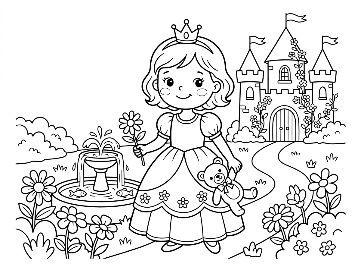 נסיכה צעירה וחמודה עם לחיים ורודות ועיניים גדולות, לובשת שמלה פשוטה וחינניית עם כתר קטן וצנוע על שיערה הקצר. היא מחזיקה דובי קטן ביד אחת ופרח בשנייה, עומדת בגינה של הארמון ליד מזרקה קטנה. ברקע טירה חמימה ולא מאיימת עם דגלונים ופרחים מטפסים, בסגנון ילדותי ונגיש.